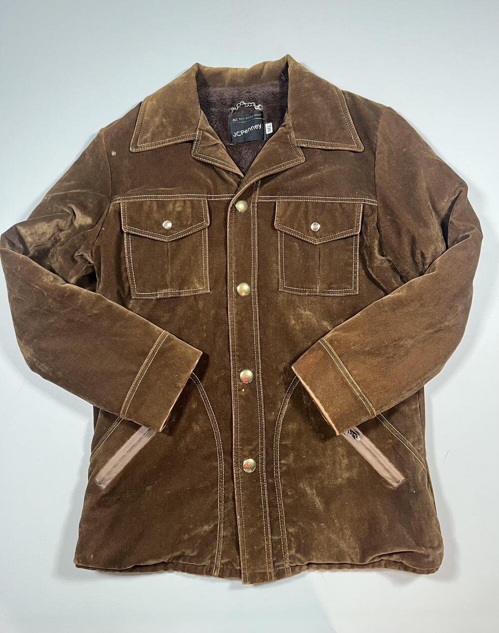 Vintage JCPenney Coat Mens Large Brown Velvet Faux Fur Lined Overcoat 70s